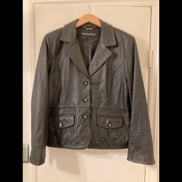 Genuine Leather Jacket w/ Rhinestone Buttons by Pamela McCoy. Size Large. Black - Picture 1 of 14